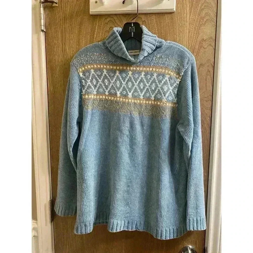 Vintage Cherokee Turtleneck Sweater in Blue With Patterns Buttery Soft Size L